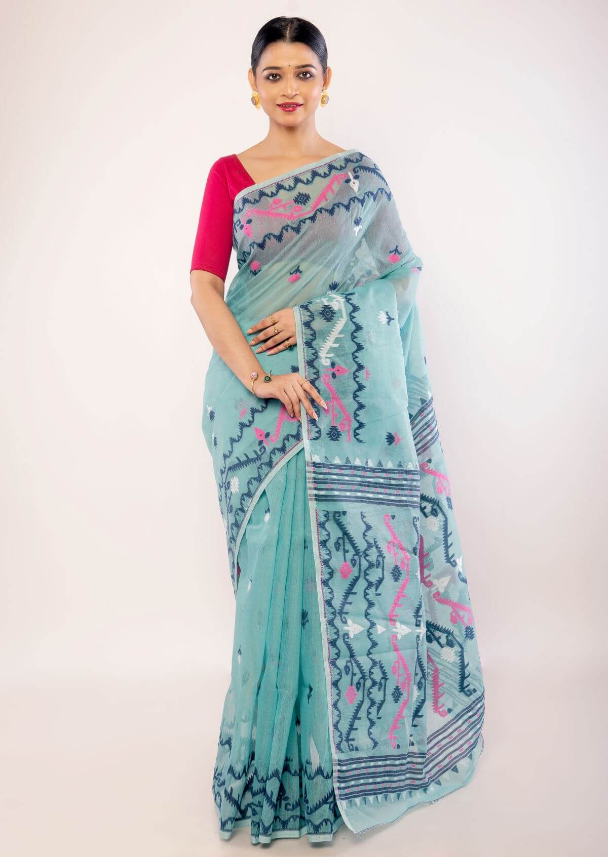 Light Blue Cotton Jamdani Saree with Multicolor Motifs - Anvi Couture