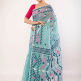 Light Blue Cotton Jamdani Saree with Multicolor Motifs - Anvi Couture