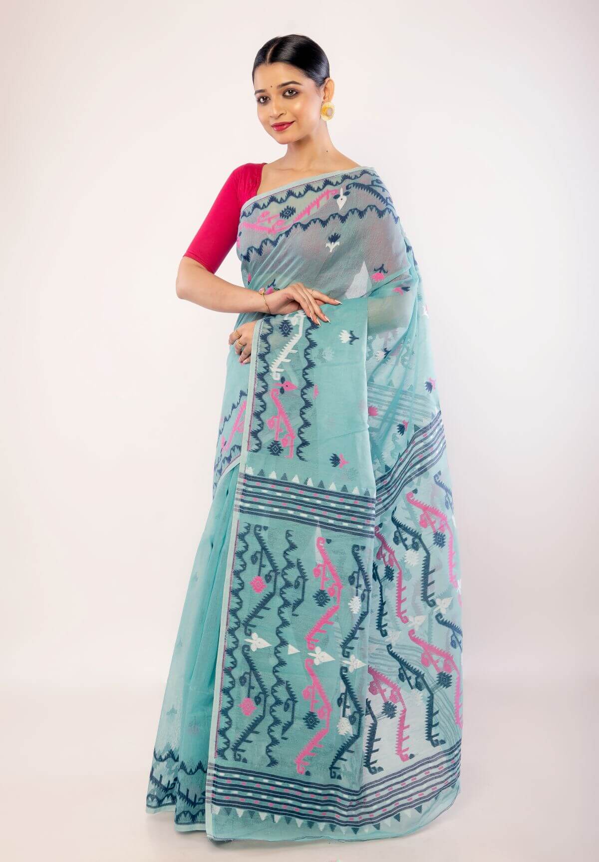 Light Blue Cotton Jamdani Saree with Multicolor Motifs - Anvi Couture