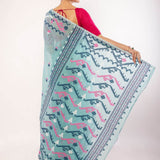 Light Blue Cotton Jamdani Saree with Multicolor Motifs - Anvi Couture