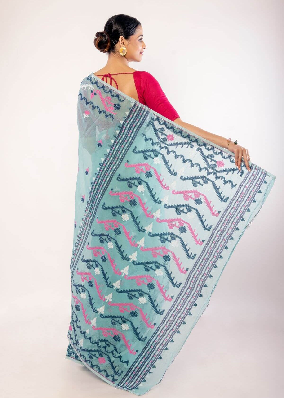 Light Blue Cotton Jamdani Saree with Multicolor Motifs - Anvi Couture