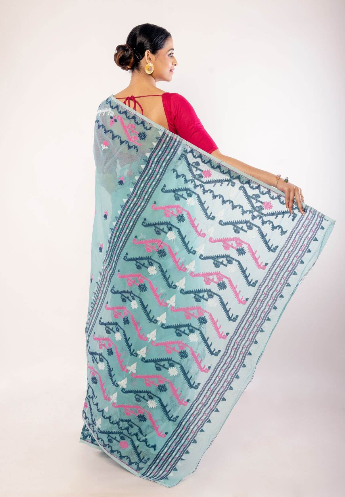Light Blue Cotton Jamdani Saree with Multicolor Motifs - Anvi Couture