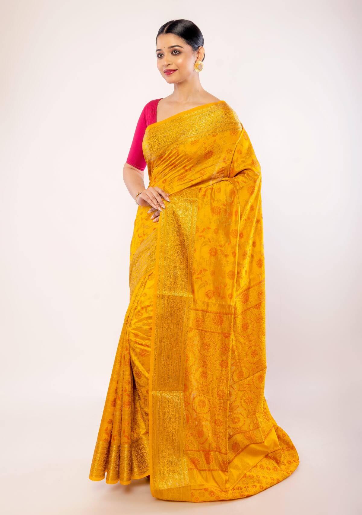 Yellow Art Silk Saree with Gold Zari Border and Orange Floral Motifs - Anvi Couture