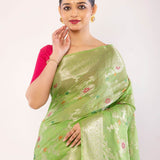 Green Art Silk Saree with Golden and Pink Floral Motifs - Anvi Couture