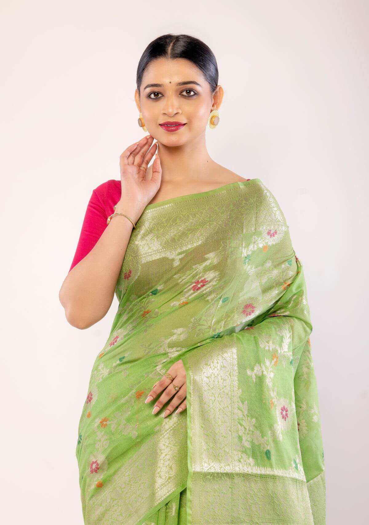 Green Art Silk Saree with Golden and Pink Floral Motifs - Anvi Couture