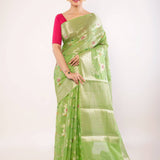 Green Art Silk Saree with Golden and Pink Floral Motifs - Anvi Couture