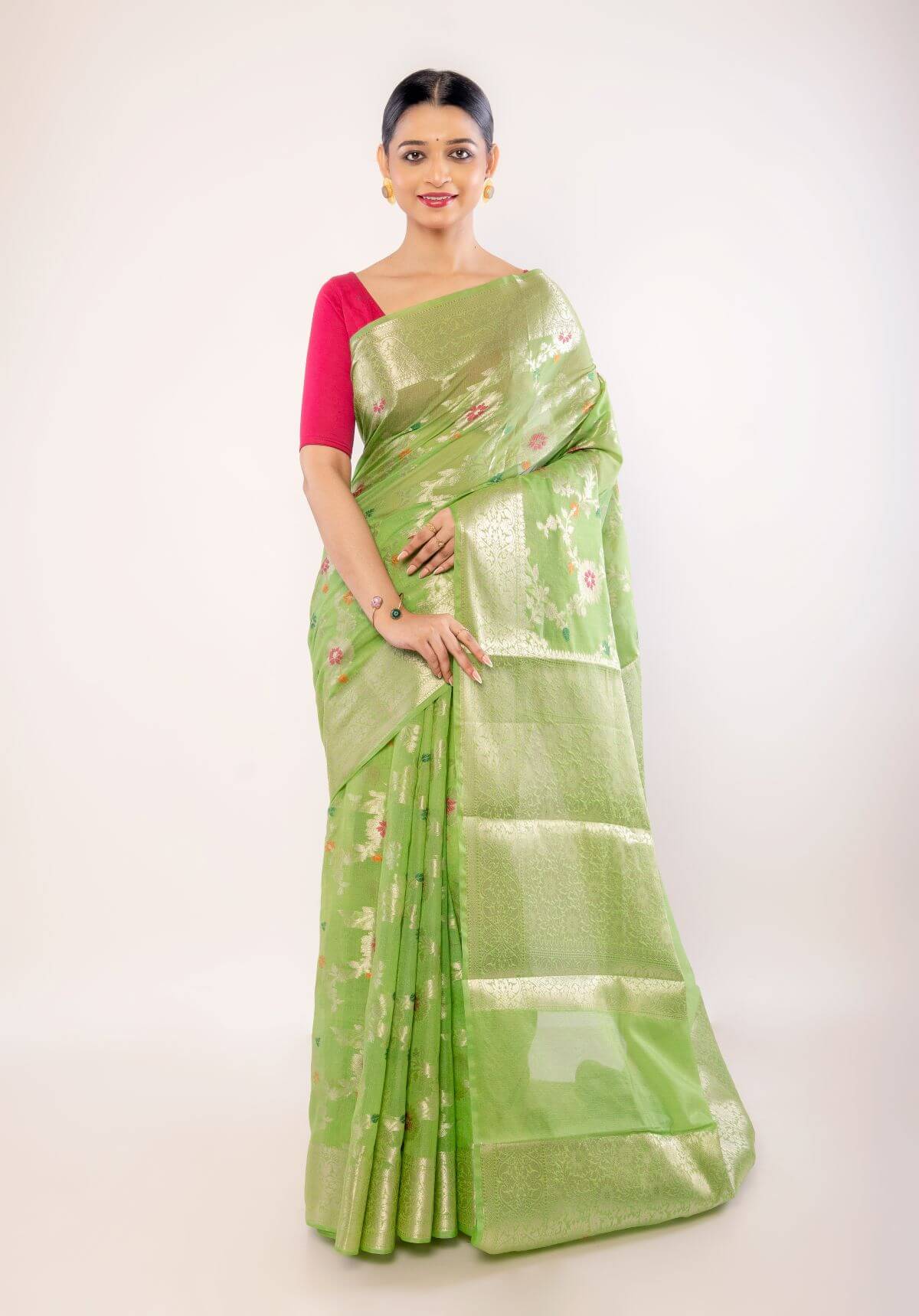 Green Art Silk Saree with Golden and Pink Floral Motifs - Anvi Couture