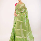 Green Art Silk Saree with Golden and Pink Floral Motifs - Anvi Couture