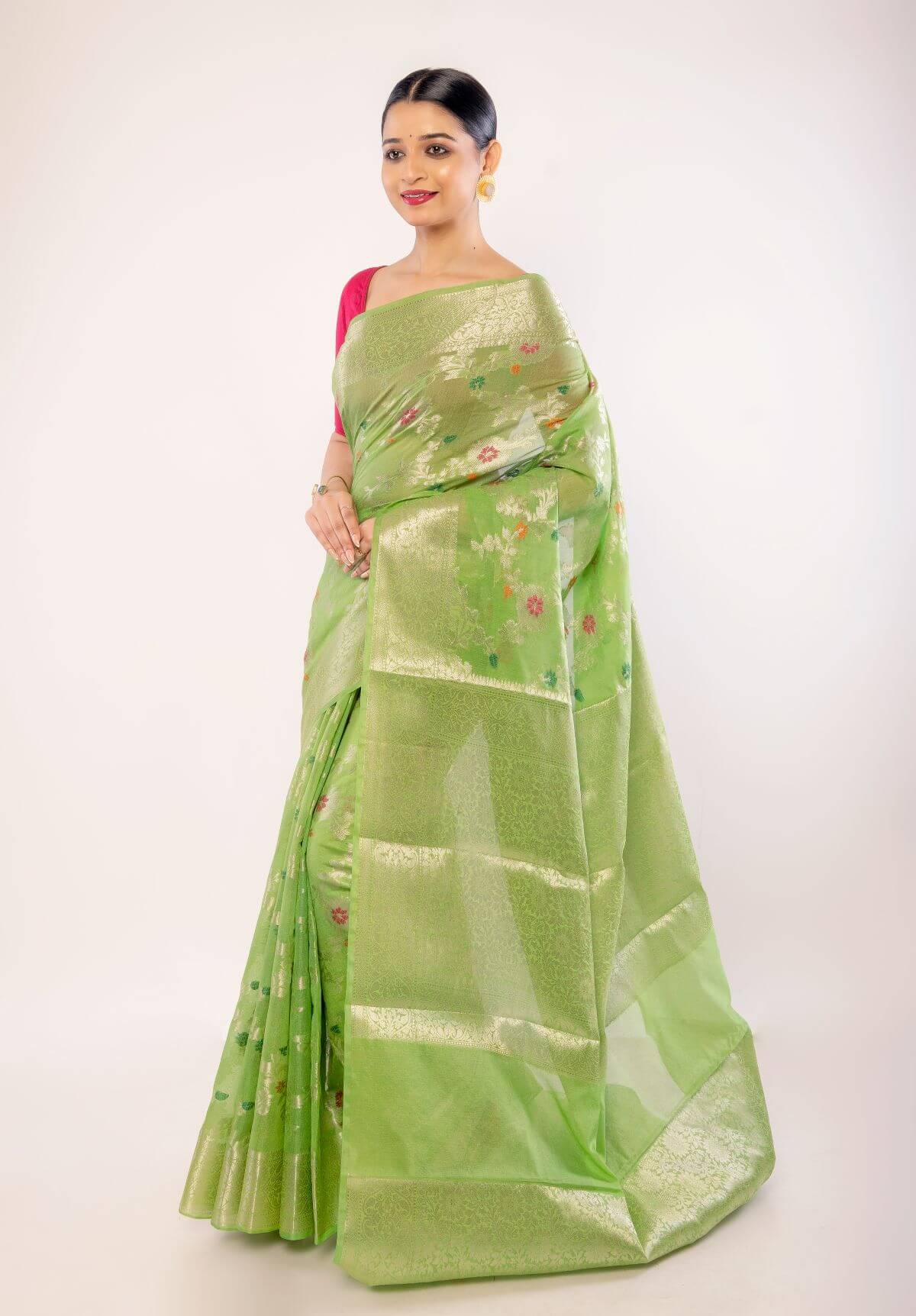 Green Art Silk Saree with Golden and Pink Floral Motifs - Anvi Couture