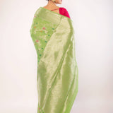 Green Art Silk Saree with Golden and Pink Floral Motifs - Anvi Couture