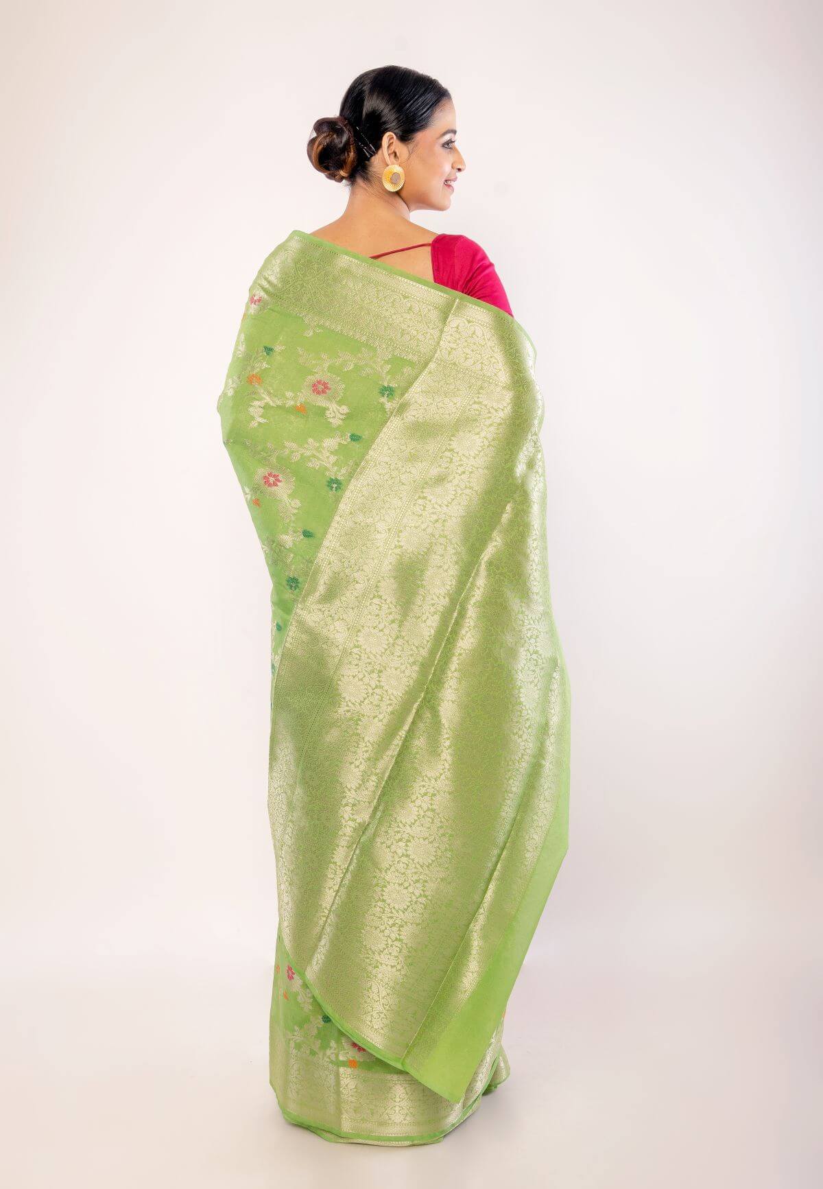 Green Art Silk Saree with Golden and Pink Floral Motifs - Anvi Couture