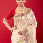 Off White Red Pure Jamdani Saree with All Over floral Motifs - Anvi Couture