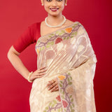 Off White Red Pure Jamdani Saree with All Over floral Motifs - Anvi Couture