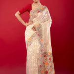 Off White Red Pure Jamdani Saree with All Over floral Motifs - Anvi Couture
