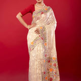 Off White Red Pure Jamdani Saree with All Over floral Motifs - Anvi Couture