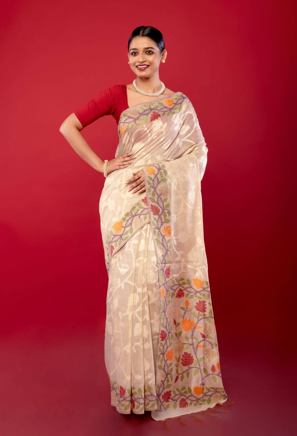 Off White Red Pure Jamdani Saree with All Over floral Motifs - Anvi Couture