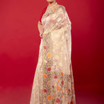 Off White Red Pure Jamdani Saree with All Over floral Motifs - Anvi Couture