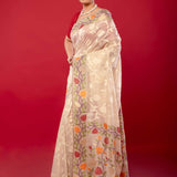Off White Red Pure Jamdani Saree with All Over floral Motifs - Anvi Couture