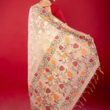 Off White Red Pure Jamdani Saree with All Over floral Motifs - Anvi Couture