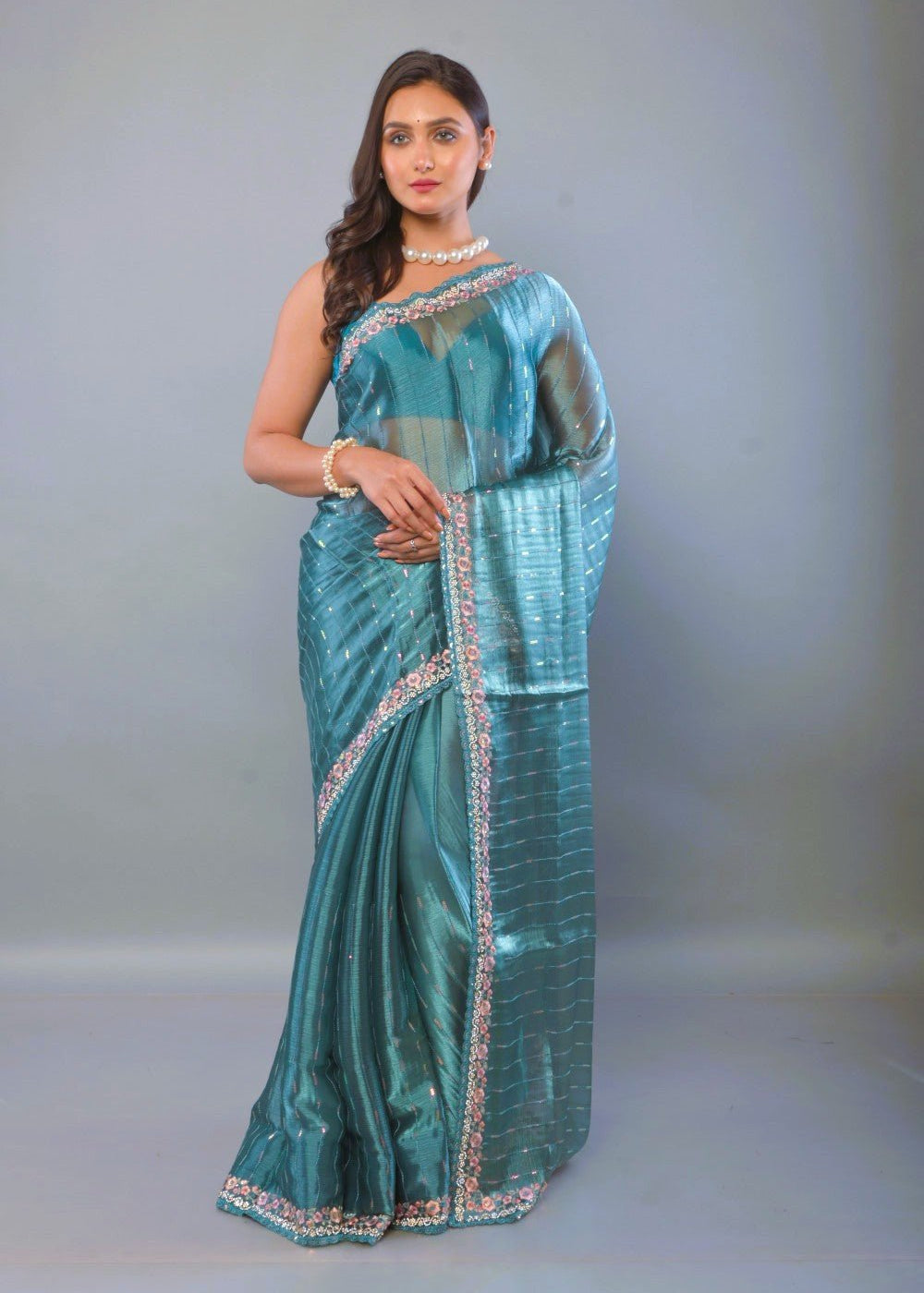 Blue Jimmy Choo Saree with Stone and Floral Embroidered work - Anvi Couture
