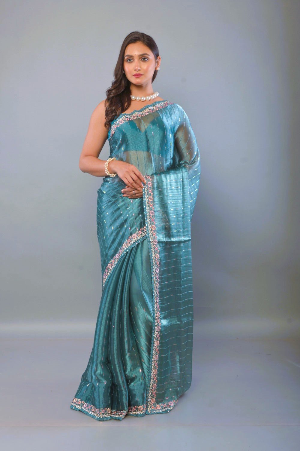 Blue Jimmy Choo Saree with Stone and Floral Embroidered work - Anvi Couture
