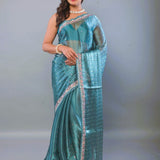 Blue Jimmy Choo Saree with Stone and Floral Embroidered work - Anvi Couture
