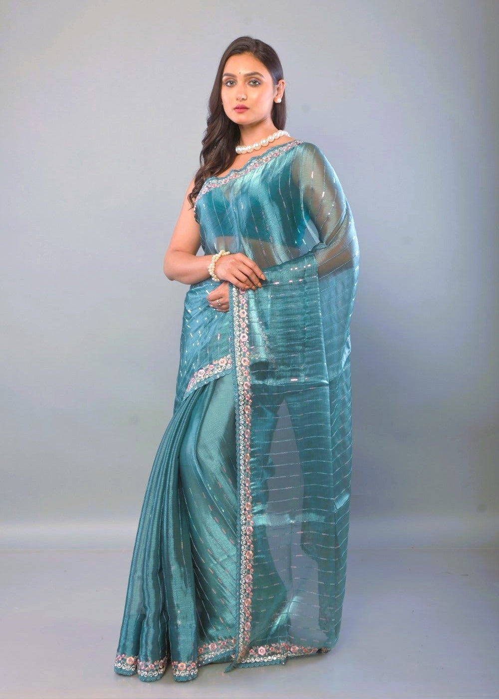 Blue Jimmy Choo Saree with Stone and Floral Embroidered work - Anvi Couture