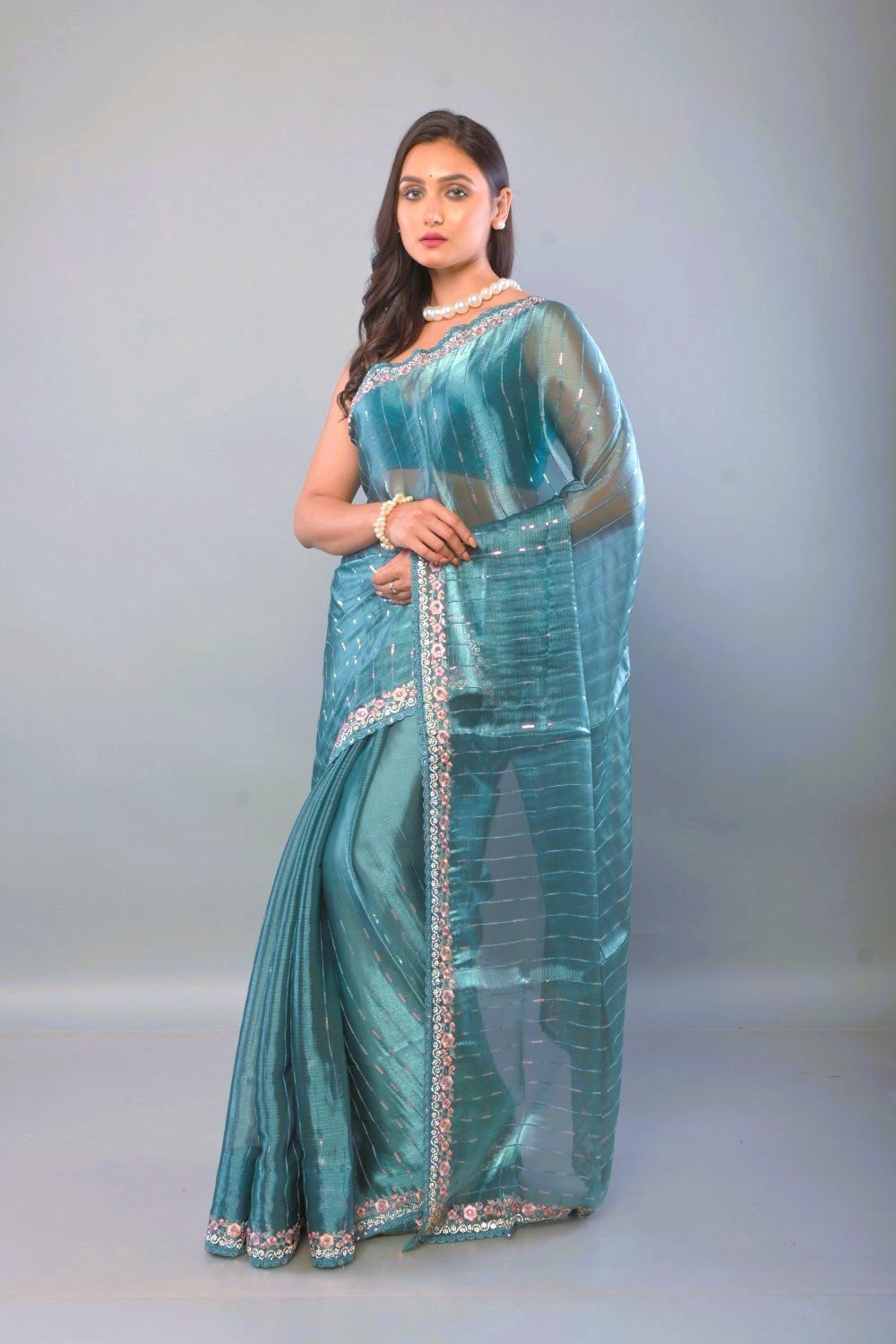 Blue Jimmy Choo Saree with Stone and Floral Embroidered work - Anvi Couture