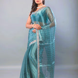 Blue Jimmy Choo Saree with Stone and Floral Embroidered work - Anvi Couture