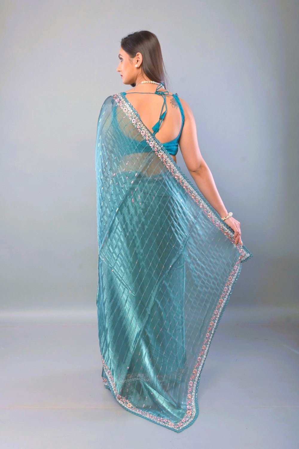 Blue Jimmy Choo Saree with Stone and Floral Embroidered work - Anvi Couture