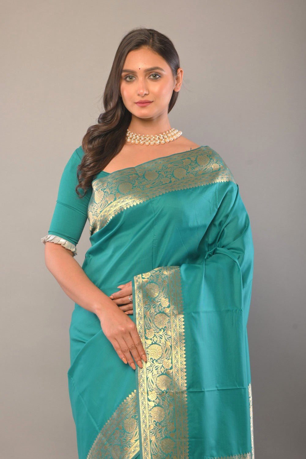 Blue Katan Silk Saree with Contrasting Gold Border and Pallu - Anvi Couture