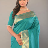 Blue Katan Silk Saree with Contrasting Gold Border and Pallu - Anvi Couture