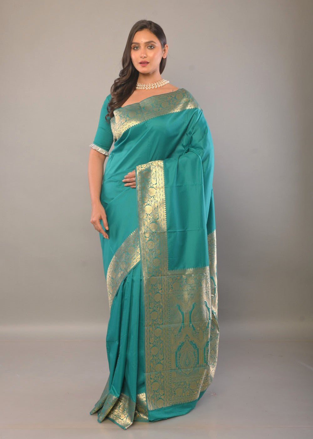 Blue Katan Silk Saree with Contrasting Gold Border and Pallu - Anvi Couture