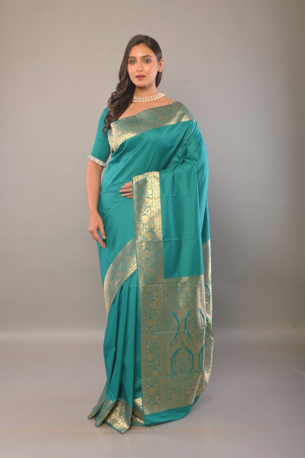 Blue Katan Silk Saree with Contrasting Gold Border and Pallu - Anvi Couture