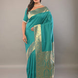 Blue Katan Silk Saree with Contrasting Gold Border and Pallu - Anvi Couture