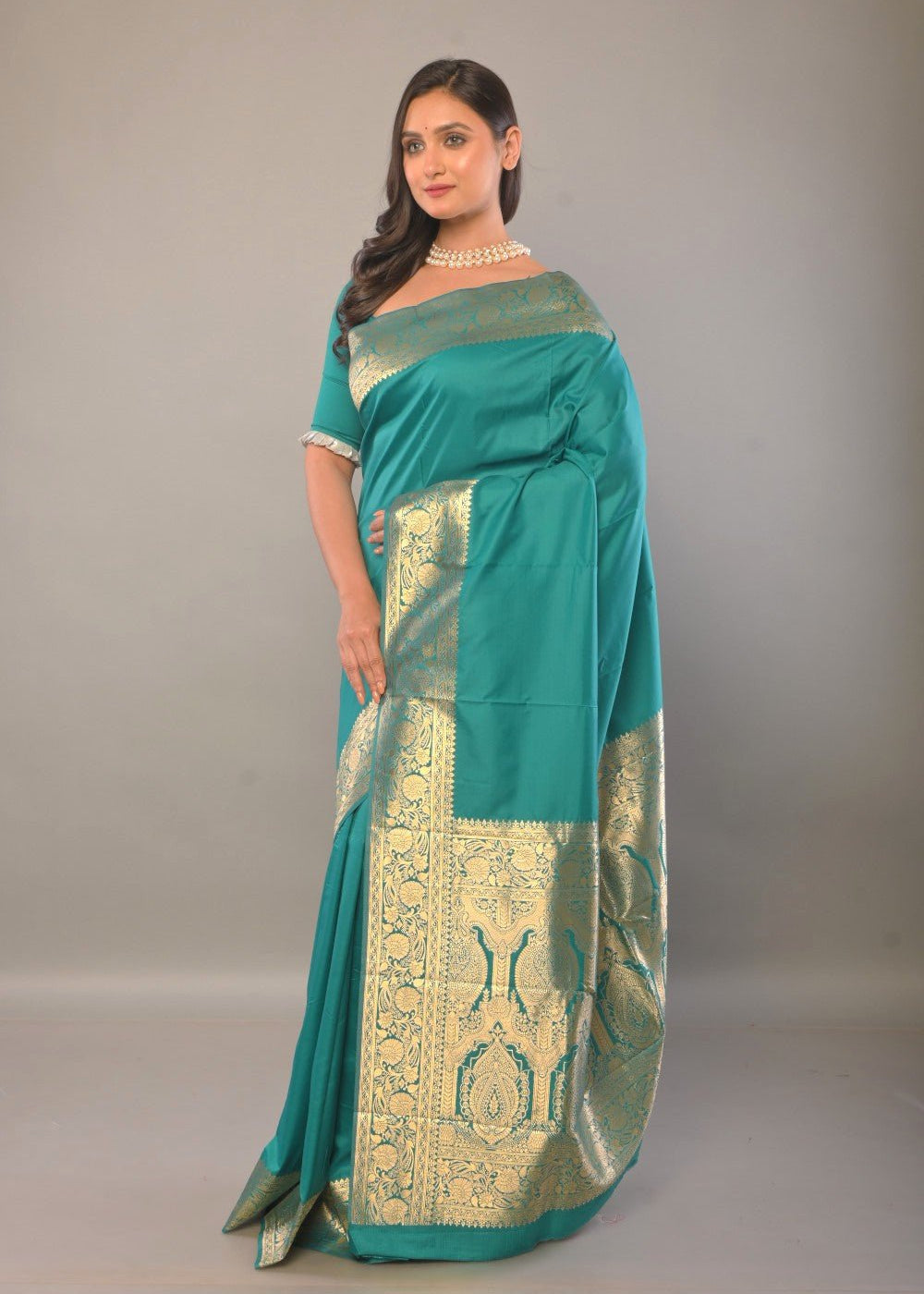 Blue Katan Silk Saree with Contrasting Gold Border and Pallu - Anvi Couture