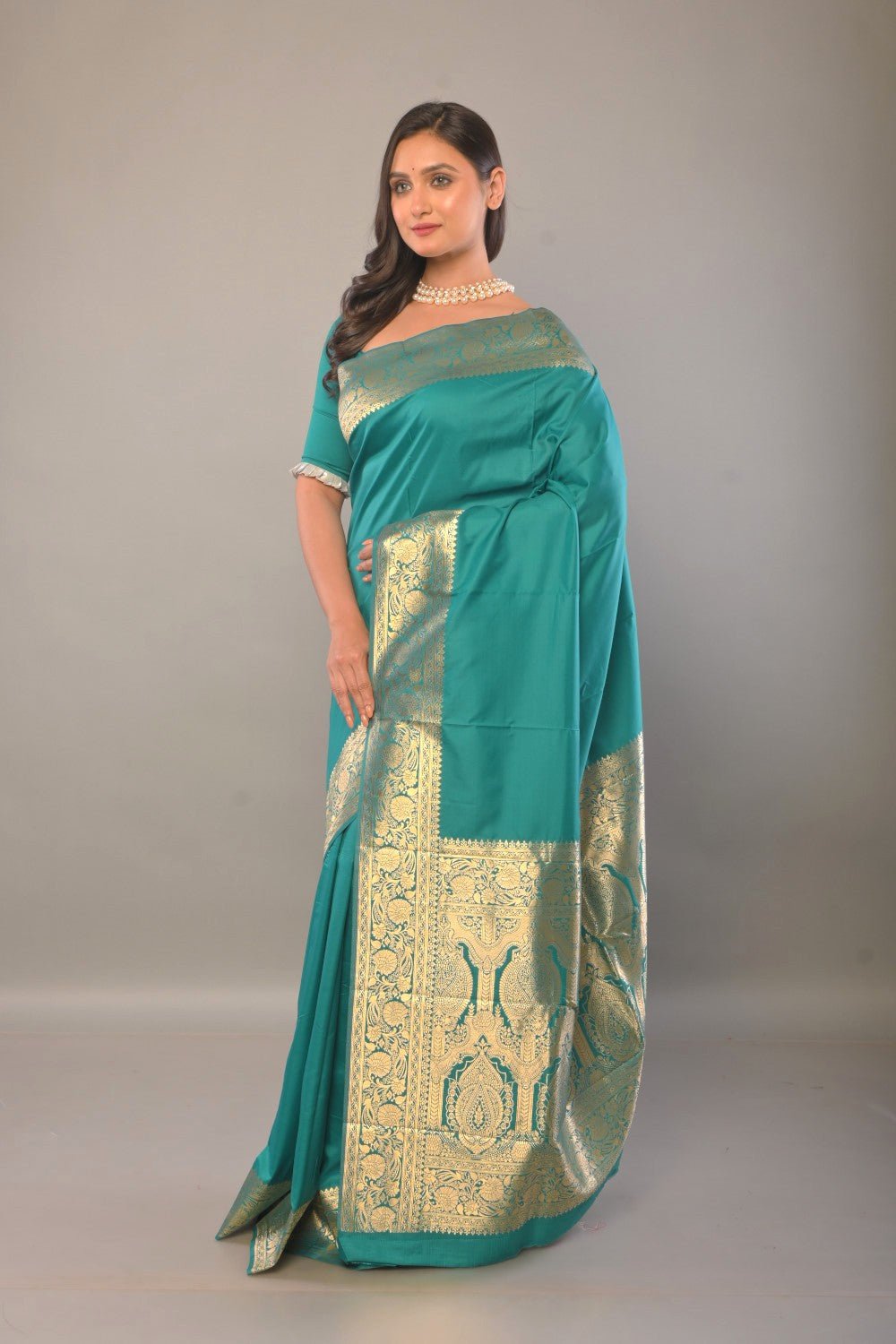 Blue Katan Silk Saree with Contrasting Gold Border and Pallu - Anvi Couture