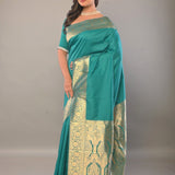 Blue Katan Silk Saree with Contrasting Gold Border and Pallu - Anvi Couture