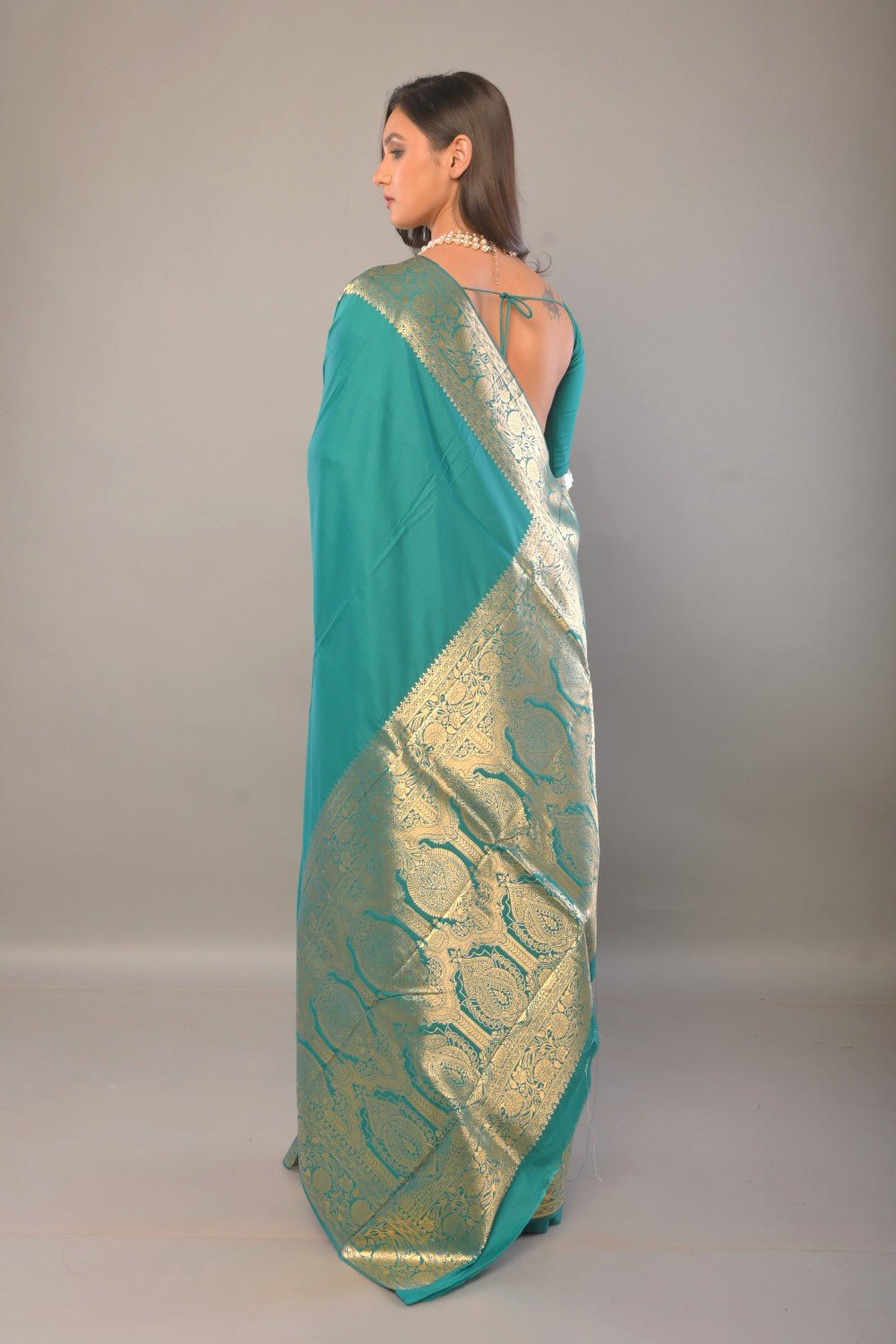 Blue Katan Silk Saree with Contrasting Gold Border and Pallu - Anvi Couture