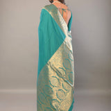 Blue Katan Silk Saree with Contrasting Gold Border and Pallu - Anvi Couture