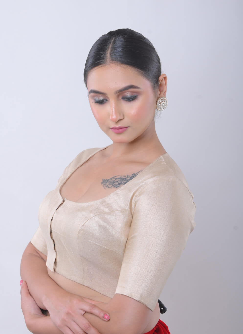 Golden Round Neck Half Sleeve Blouse in Raw Silk - Anvi Couture - Image 3