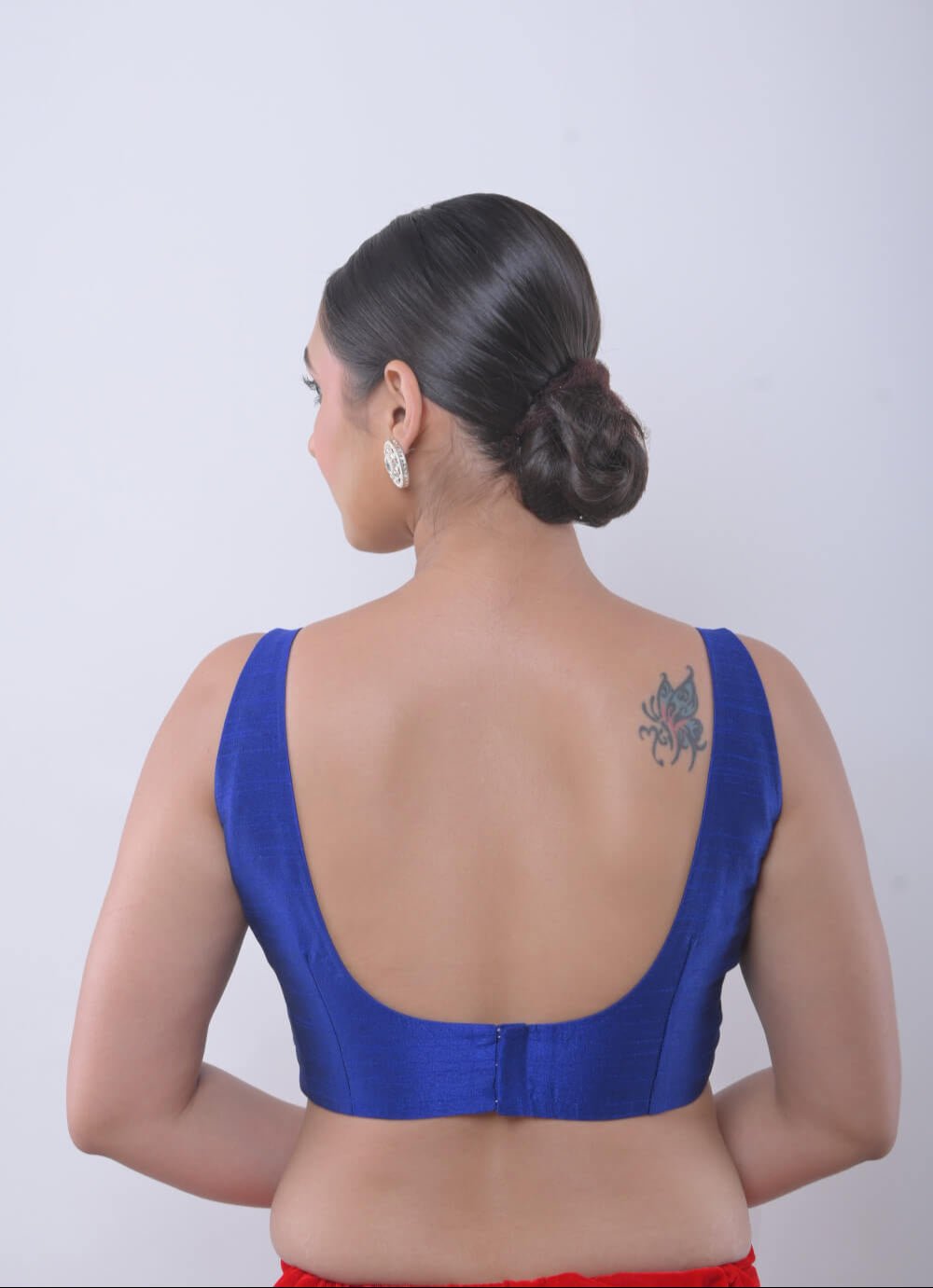 Blue Sleeveless Blouse in Raw Silk with U Neckline - Anvi Couture