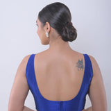 Blue Sleeveless Blouse in Raw Silk with U Neckline - Anvi Couture