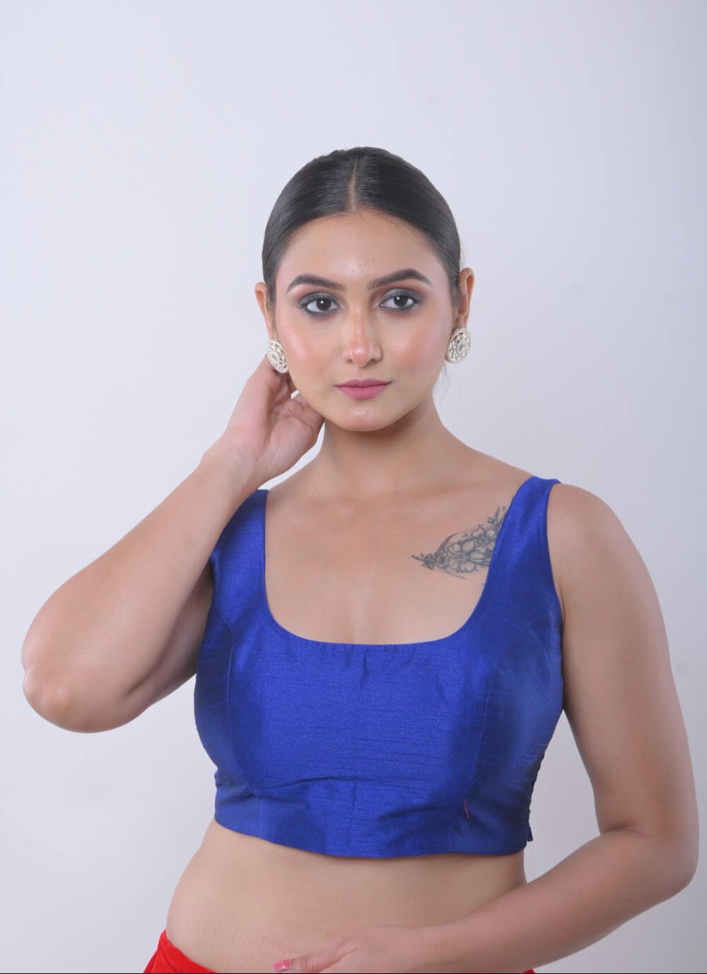 Blue Sleeveless Blouse in Raw Silk with U Neckline - Anvi Couture