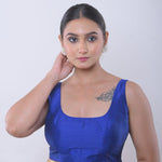Blue Sleeveless Blouse in Raw Silk with U Neckline - Anvi Couture