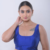 Blue Sleeveless Blouse in Raw Silk with U Neckline - Anvi Couture