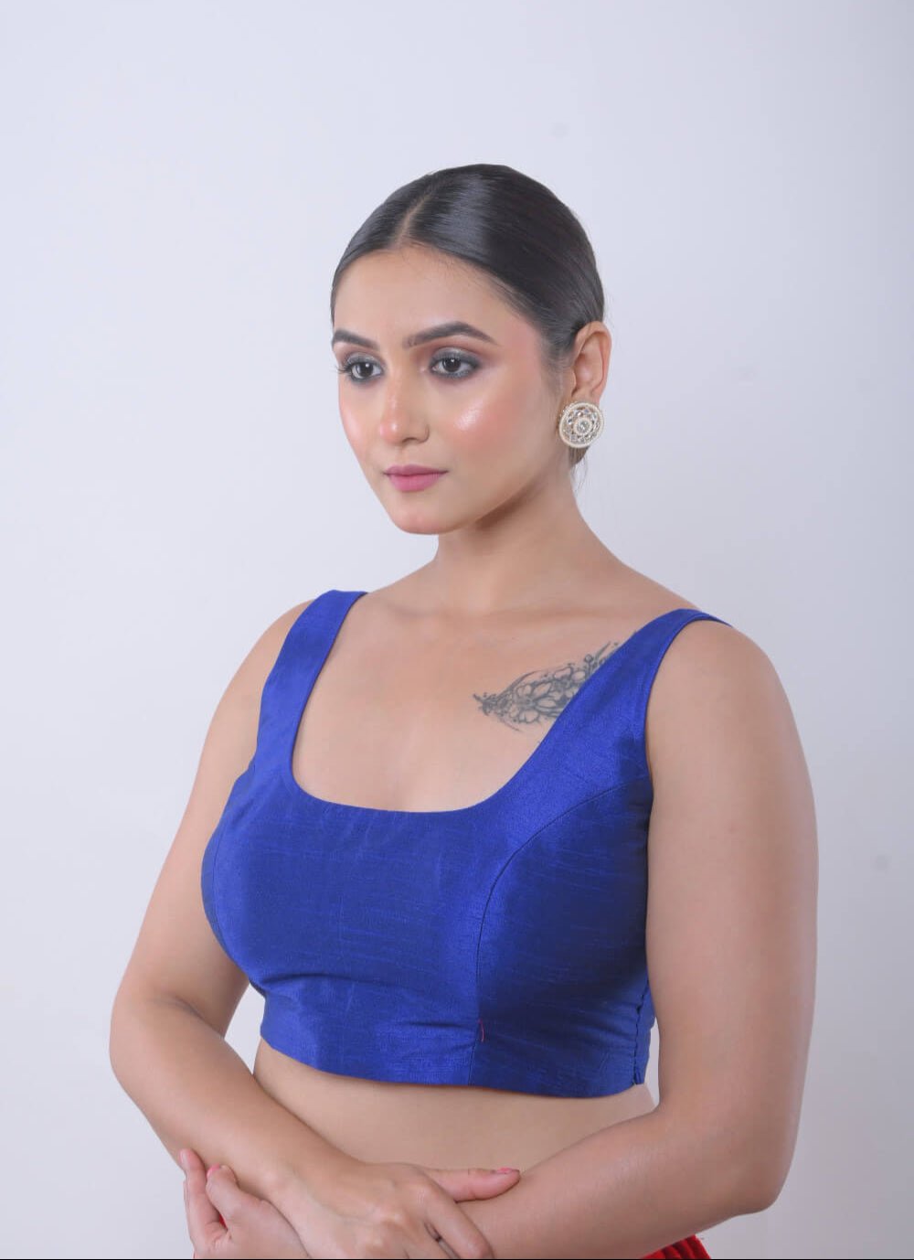 Blue Sleeveless Blouse in Raw Silk with U Neckline - Anvi Couture