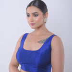 Blue Sleeveless Blouse in Raw Silk with U Neckline - Anvi Couture