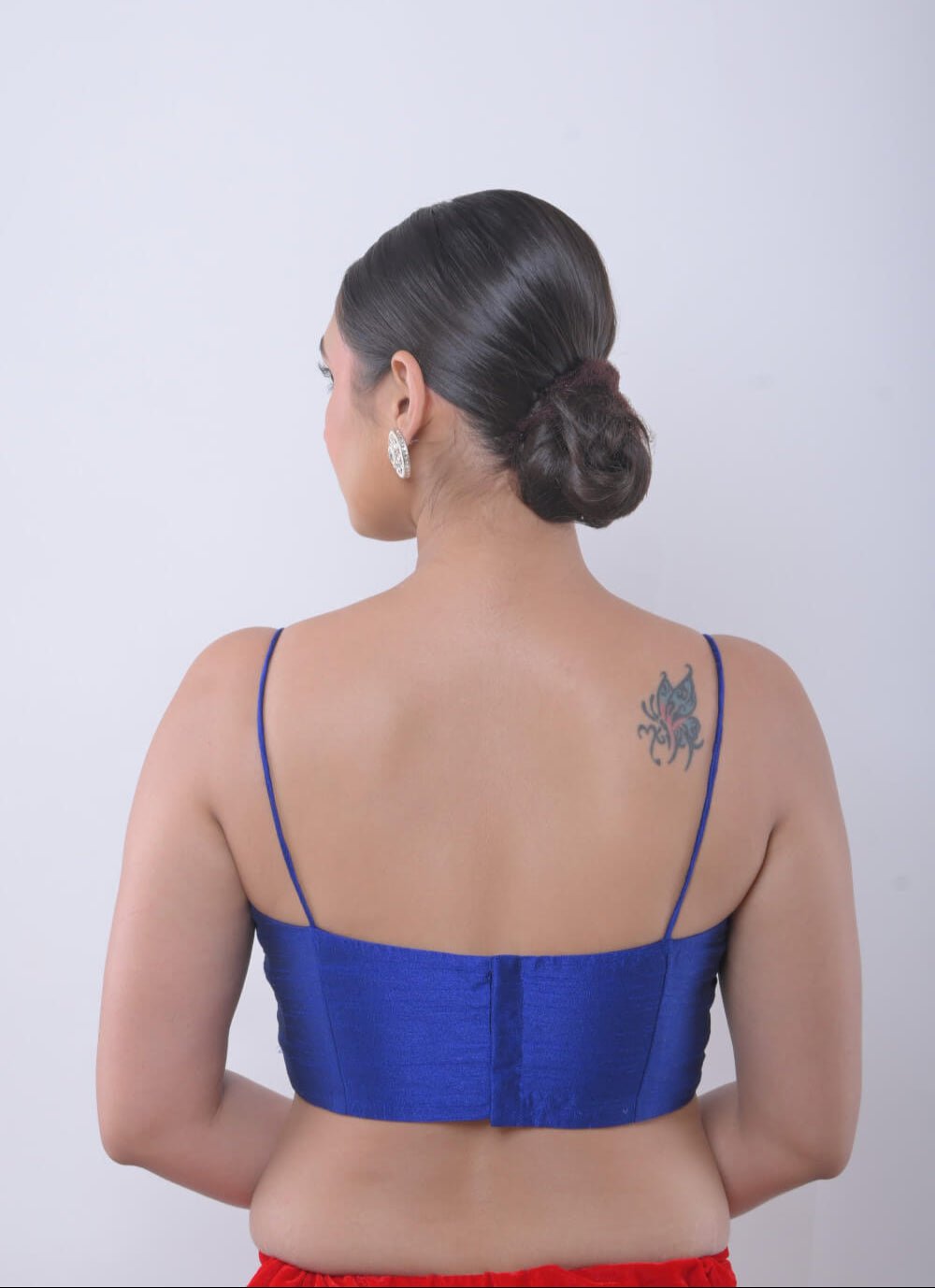 Blue U Neck Blouse with Spaghetti Straps in Raw Silk - Anvi Couture