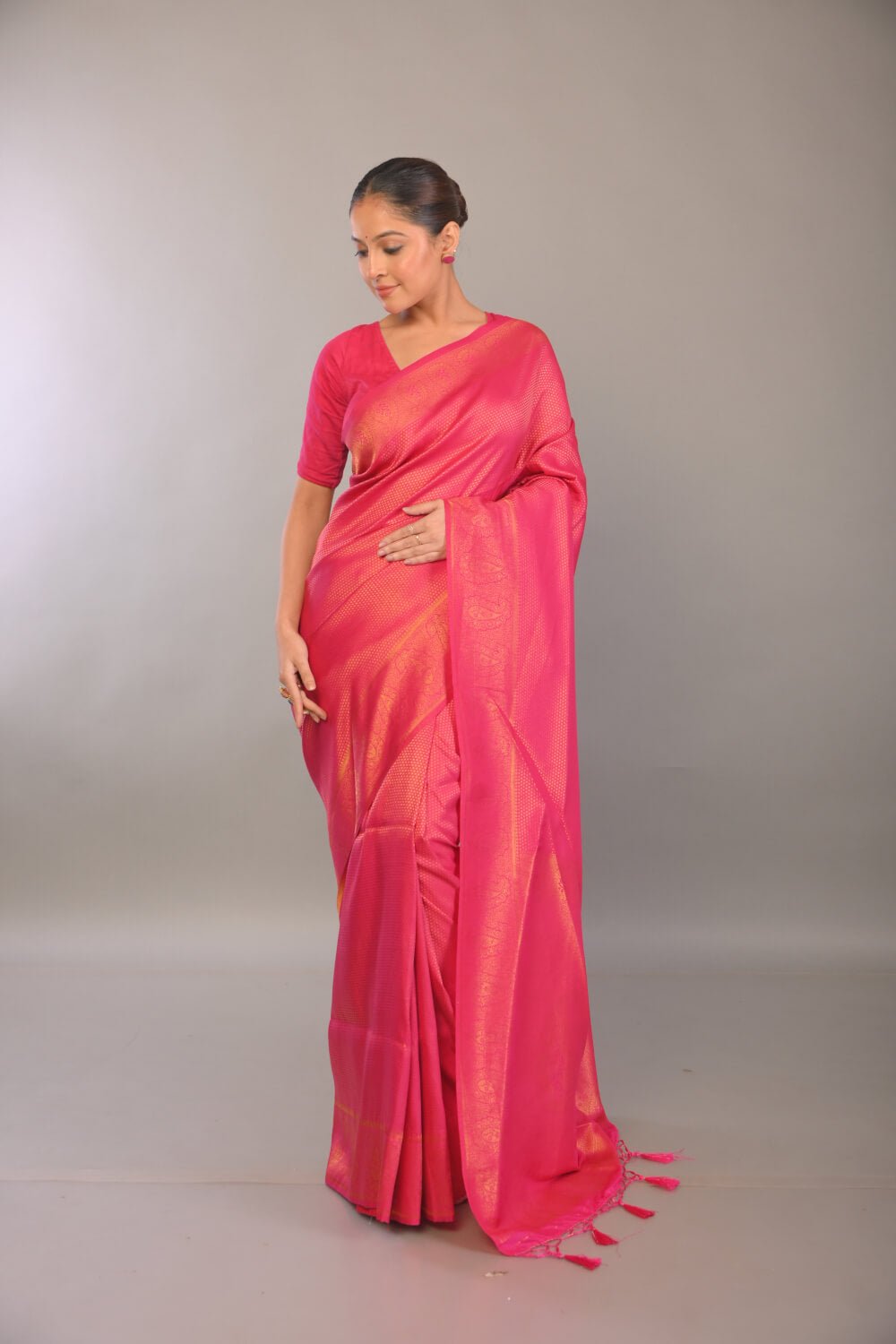Pink South Indian Silk Saree with Gold Self Design - Anvi Couture